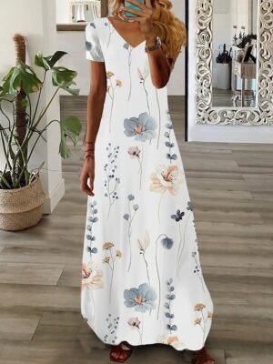 Fashion Regular Fit Floral V Neck Short Sleeve Maxi Dress - Image 3