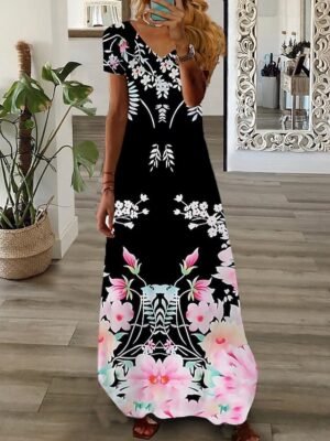 Fashion Regular Fit Floral V Neck Short Sleeve Maxi Dress - Image 4