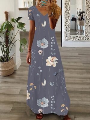 Fashion Regular Fit Floral V Neck Short Sleeve Maxi Dress - Image 5