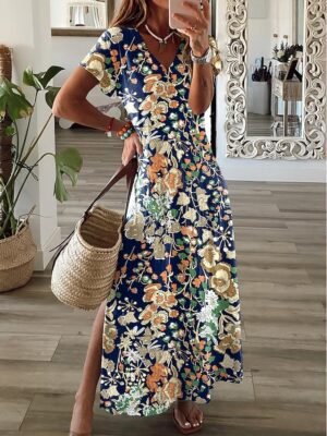 Fashion Regular Fit Floral V Neck Short Sleeve Maxi Dress - Image 6