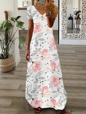 Fashion Regular Fit Floral V Neck Short Sleeve Maxi Dress - Image 6