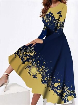 Fashion Regular Fit Flower Crew Neck Long Sleeve Midi Dress - Image 1