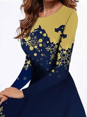 Fashion Regular Fit Flower Crew Neck Long Sleeve Midi Dress - Image 3
