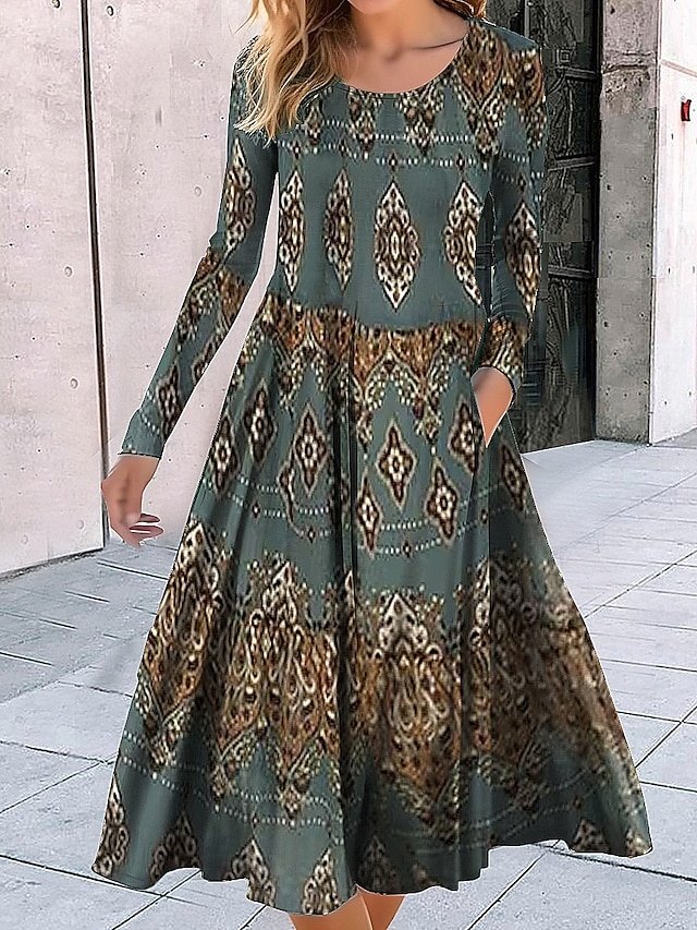 Fashion Regular Fit Geometric Crew Neck Long Sleeve Midi Dress - Image 2