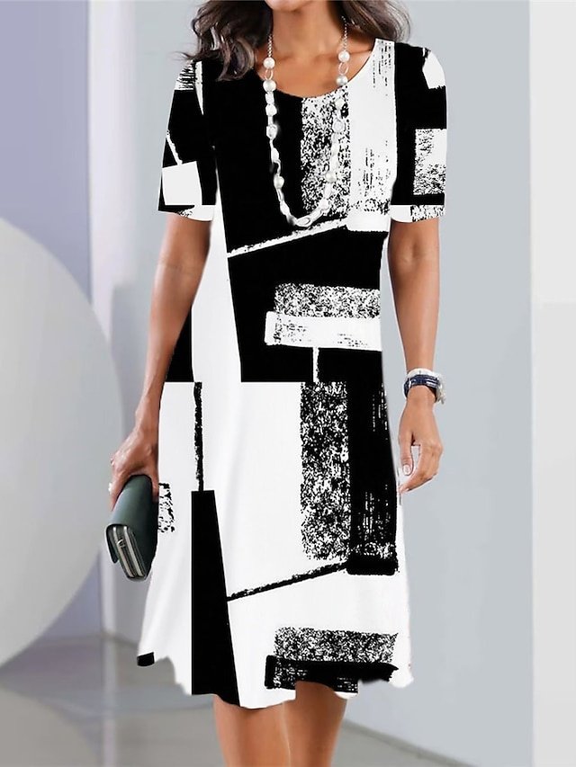 Fashion Regular Fit Geometric Crew Neck Short Sleeve Mini Dress - Image 2