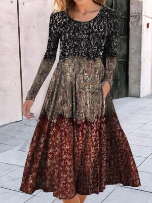 Fashion Regular Fit Geometric Crew Neck Long Sleeve Midi Dress - Image 4