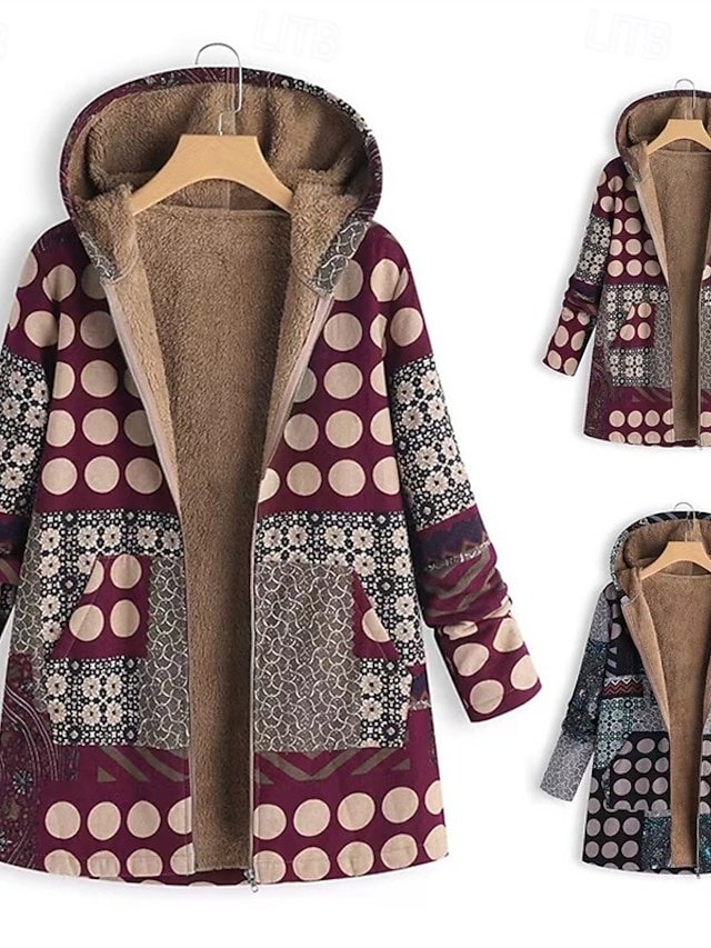 Fashion Regular Fit Geometric Hooded Long Sleeve Fleece Jacket - Image 1