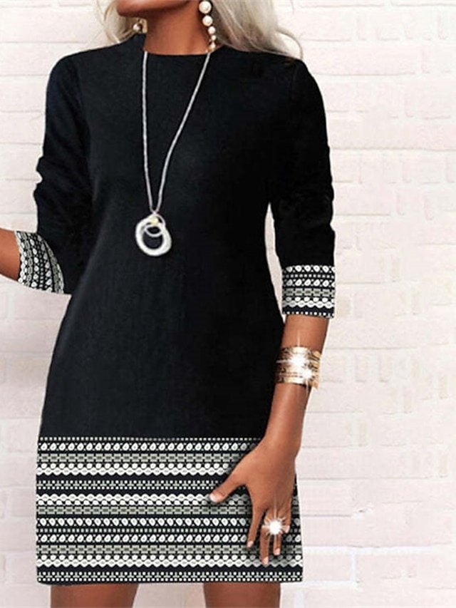 Fashion Regular Fit Geometric Striped Crew Neck Long Sleeve Mini Dress - Image 1