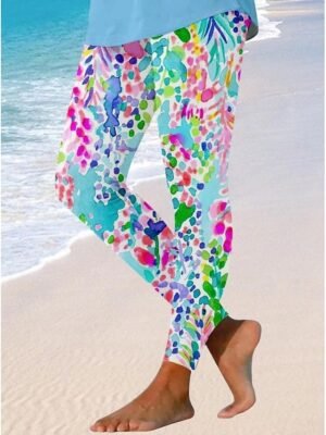 Fashion Regular Fit Graphic Leaf High Waist Full Length Leggings - Image 1