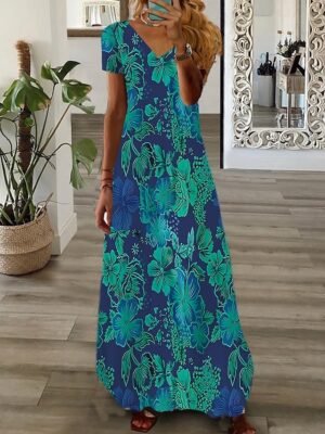 Fashion Regular Fit Graphic V Neck Short Sleeve Maxi Dress - Image 1