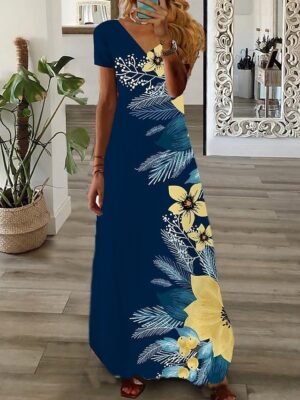 Fashion Regular Fit Graphic V Neck Short Sleeve Maxi Dress - Image 2