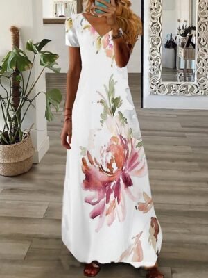 Fashion Regular Fit Graphic V Neck Short Sleeve Maxi Dress - Image 3