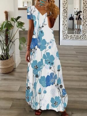 Fashion Regular Fit Graphic V Neck Short Sleeve Maxi Dress - Image 4