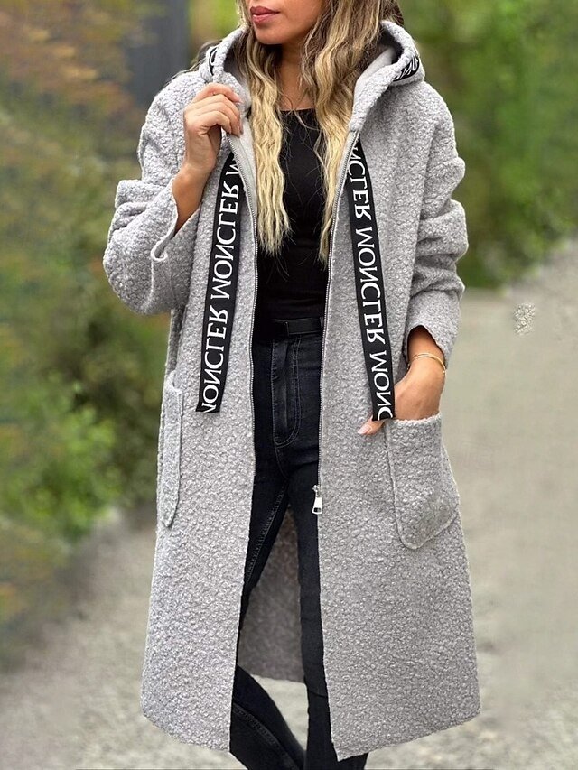 Fashion Regular Fit Letter Hooded Long Sleeve Long Coat - Image 1