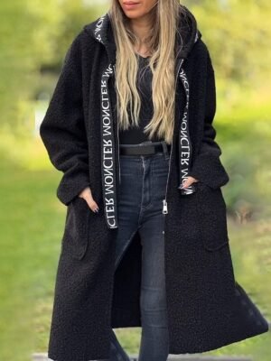 Fashion Regular Fit Letter Hooded Long Sleeve Long Coat - Image 6