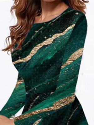 Fashion Regular Fit Marble Crew Neck Long Sleeve Midi Dress - Image 3