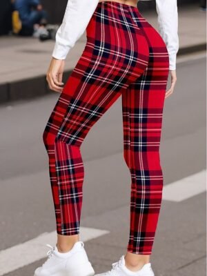 Fashion Regular Fit Plaid High Waist Full Length Leggings - Image 2
