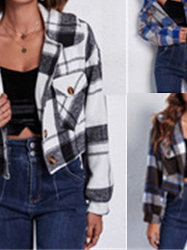Fashion Regular Fit Plaid Turndown Long Sleeve Short Jacket - Image 1