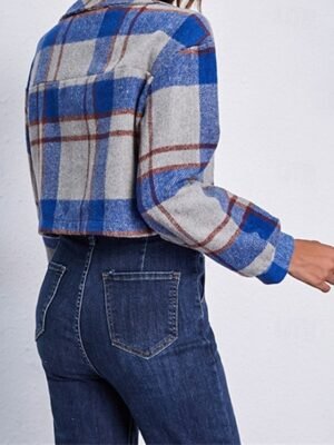 Fashion Regular Fit Plaid Turndown Long Sleeve Short Jacket - Image 10