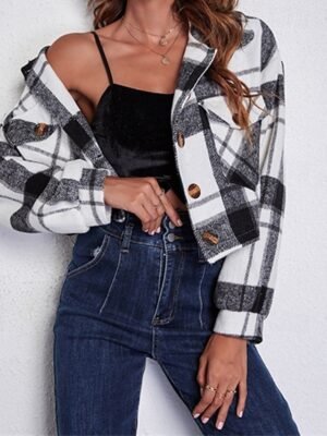 Fashion Regular Fit Plaid Turndown Long Sleeve Short Jacket - Image 2