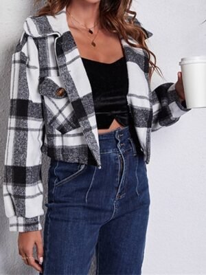 Fashion Regular Fit Plaid Turndown Long Sleeve Short Jacket - Image 3