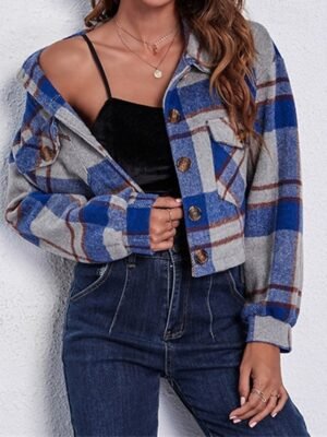 Fashion Regular Fit Plaid Turndown Long Sleeve Short Jacket - Image 9