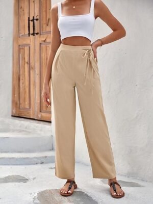 Fashion Regular Fit Plain Casual Long Wide Leg Trousers - Image 1