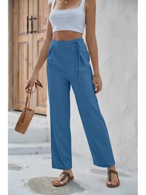 Fashion Regular Fit Plain Casual Long Wide Leg Trousers - Image 12