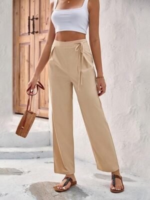 Fashion Regular Fit Plain Casual Long Wide Leg Trousers - Image 2