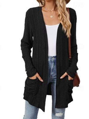 Fashion Regular Fit Plain Collarless Long Sleeve Cardigan - Image 3