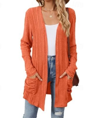 Fashion Regular Fit Plain Collarless Long Sleeve Cardigan - Image 5