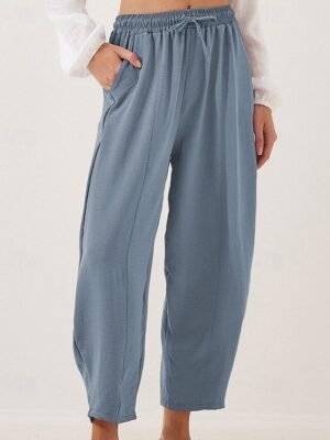 Fashion Regular Fit Plain Elastic Drawstring Full Length Trousers - Image 15