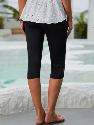 Fashion Regular Fit Plain Elastic Waist High Waist Calf-Length Chinos - Image 2