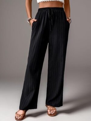 Fashion Regular Fit Plain Elastic Waist Long Trousers - Image 6