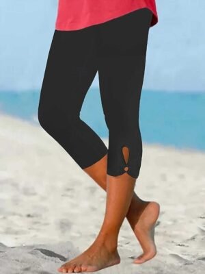 Fashion Regular Fit Plain Elastic Waist High Waist Calf-Length Chinos - Image 6