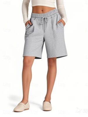 Fashion Regular Fit Plain High Waist Elastic Waistband Chinos Shorts - Image 11