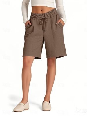 Fashion Regular Fit Plain High Waist Elastic Waistband Chinos Shorts - Image 2