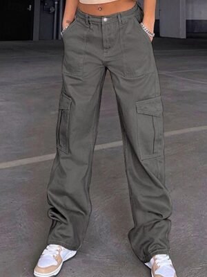 Fashion Regular Fit Plain High Waist Full Length Cargo Pants - Image 1