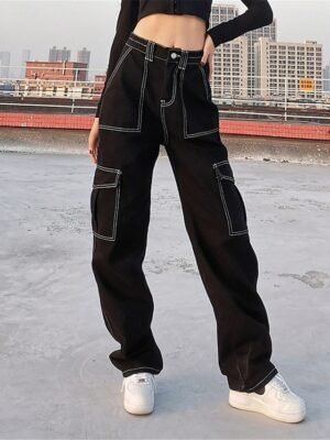 Fashion Regular Fit Plain High Waist Full Length Cargo Pants - Image 4