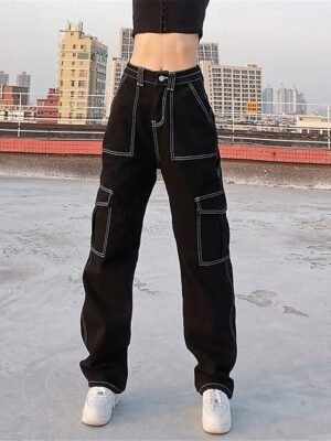 Fashion Regular Fit Plain High Waist Full Length Cargo Pants - Image 6