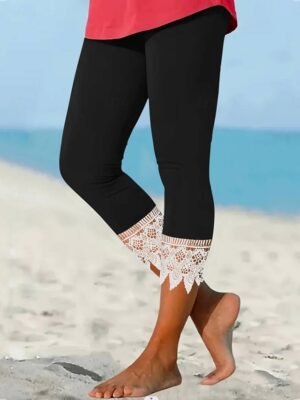 Fashion Regular Fit Plain High Waist Lace Detail Calf-Length Chinos - Image 1