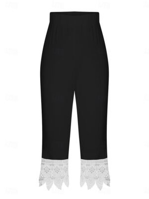 Fashion Regular Fit Plain High Waist Lace Detail Calf-Length Chinos - Image 4