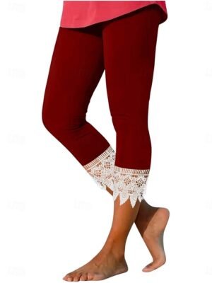 Fashion Regular Fit Plain High Waist Lace Detail Calf-Length Chinos - Image 9
