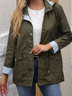 Fashion Regular Fit Plain Hooded Long Sleeve Trench Coat - Image 8