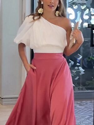 Fashion Regular Fit Plain One Shoulder Half Sleeve Maxi Dress Set - Image 3