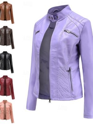 Fashion Regular Fit Plain Stand Collar Long Sleeve Faux Leather Jacket - Image 1