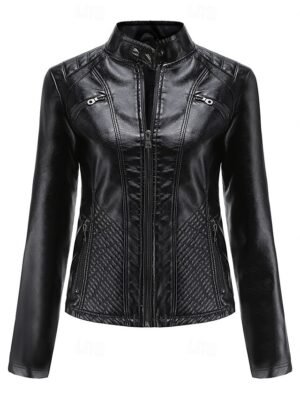 Fashion Regular Fit Plain Stand Collar Long Sleeve Faux Leather Jacket - Image 10