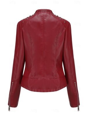 Fashion Regular Fit Plain Stand Collar Long Sleeve Faux Leather Jacket - Image 11