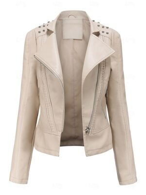 Fashion Regular Fit Plain Stand Collar Long Sleeve Faux Leather Jacket - Image 12