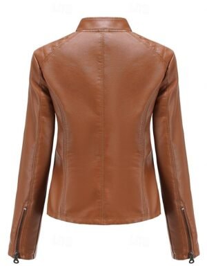 Fashion Regular Fit Plain Stand Collar Long Sleeve Faux Leather Jacket - Image 17